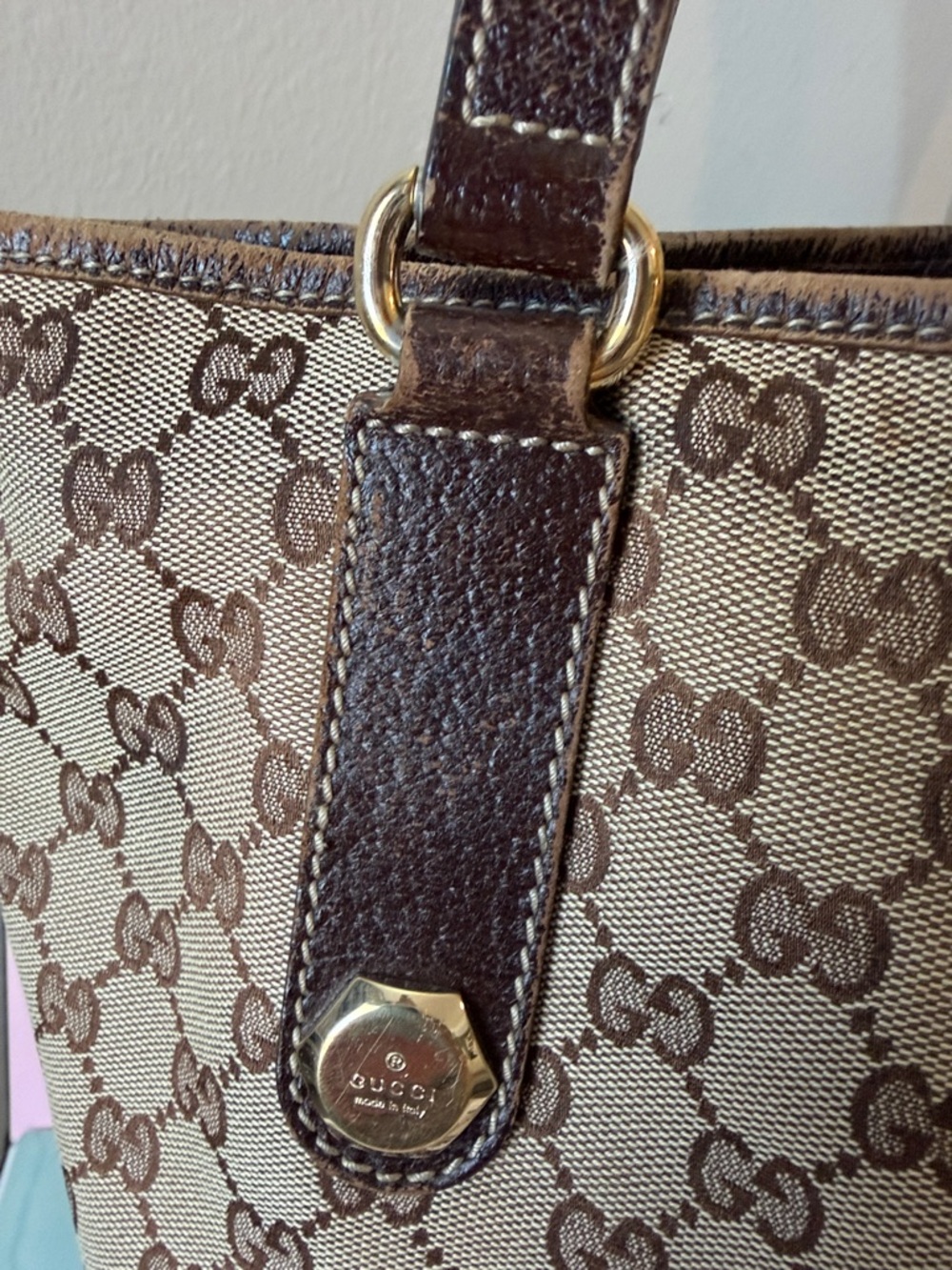 👜 Gucci GG Monogram Charmy Tote Bag Canvas & Leather Trim in Brown & Tan ✨ - Picture 9 of 16